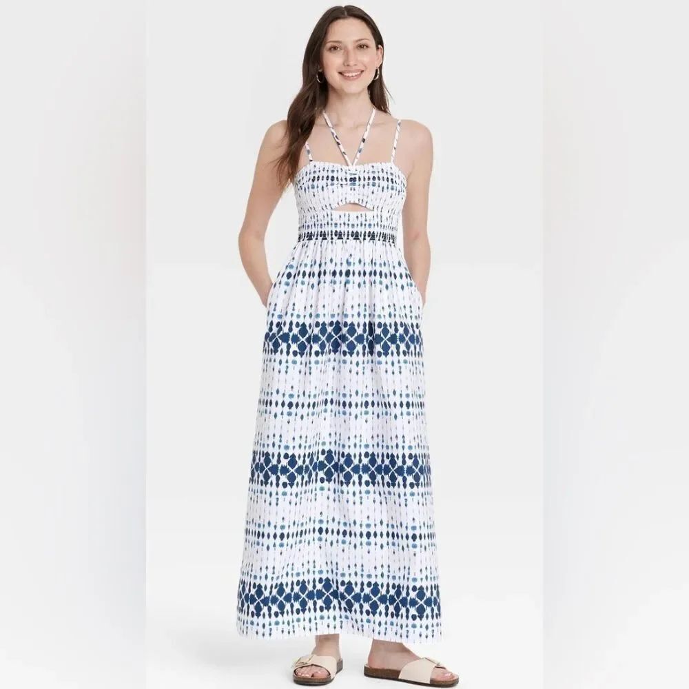 Universal Thread Blue and White Smocked Maxi Dress